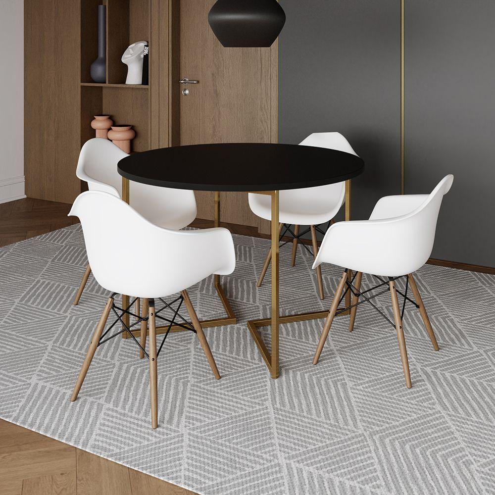 Mesa Jantar Industrial Redonda 110Cm Preta Base V Dourada Com 4 Poltronas Daw Madeira B Cor: Preto - 1
