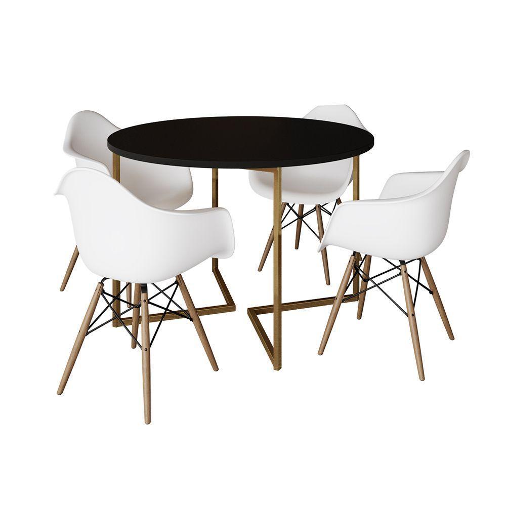 Mesa Jantar Industrial Redonda 110Cm Preta Base V Dourada Com 4 Poltronas Daw Madeira B Cor: Preto - 6