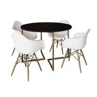 Mesa Jantar Industrial Redonda 110Cm Preta Base V Dourada Com 4 Poltronas Daw Madeira B Cor: Preto - 6
