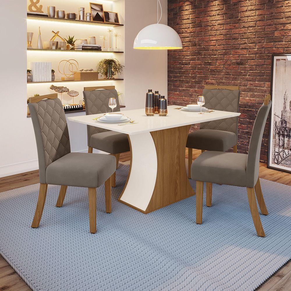 Conjunto Sala Jantar Mdf|Cadeiras Off White E Marrom Amêndoa - 1