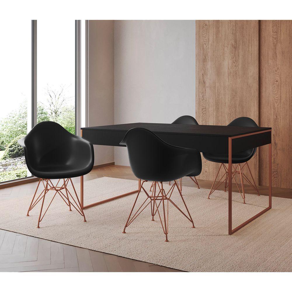 Mesa Jantar Industrial Preta 137X90Cm Com 4 Poltronas Pretas Base Cobre Cor: Preto - 1