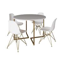 Mesa Jantar Industrial Redonda 110Cm Branca Base V Dourada Com 4 Cadeiras Brancas Base Cor: Branco - 6