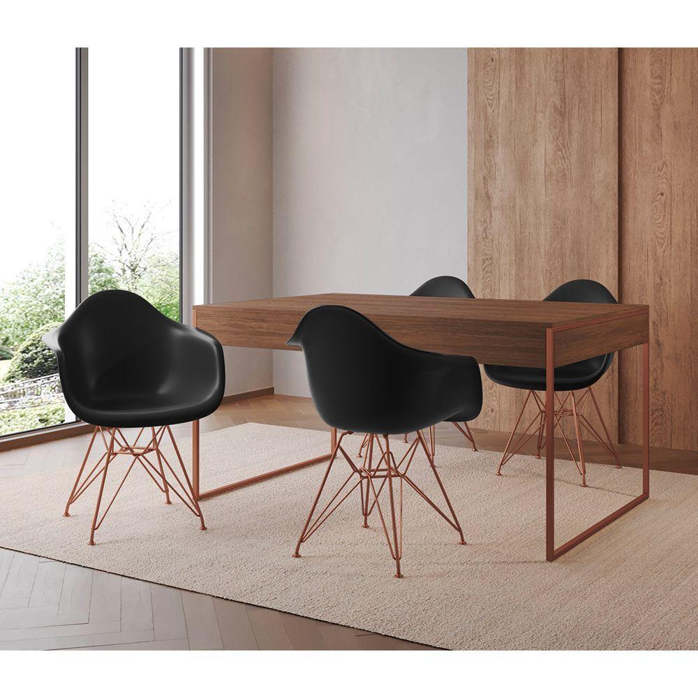 Mesa Jantar Industrial Amêndoa 137X90Cm Com 4 Poltronas Pretas Base Cobre Cor: Amendoa - 1