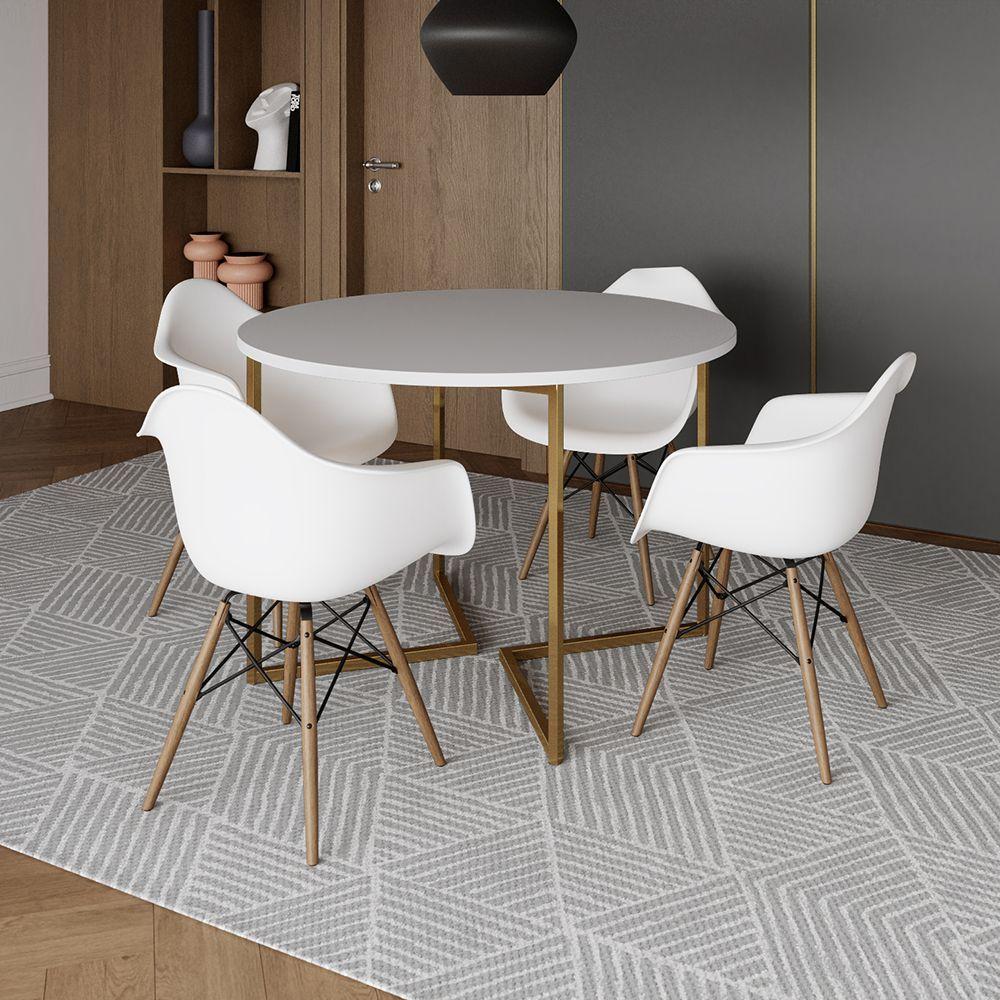 Mesa Jantar Industrial Redonda 110Cm Branca Base V Dourada Com 4 Poltronas Daw Madeira Cor: Branco - 1