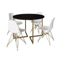 Mesa Jantar Industrial Redonda 110Cm Preta Base V Dourada Com 4 Cadeiras Brancas Base D Cor: Preto - 6