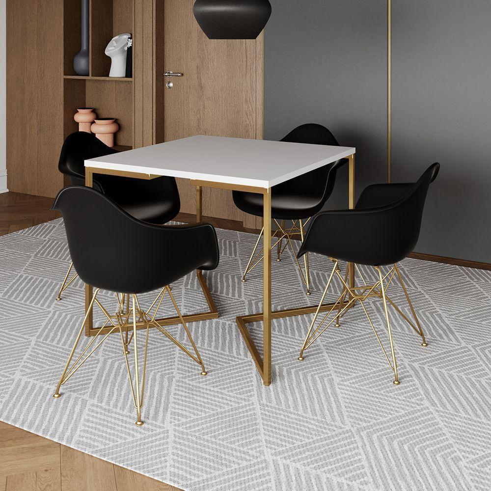 Mesa Jantar Industrial Quadrada 90Cm Branca Base V Com 4 Poltronas Daw Pretas Base Dour Cor: Branco - 1