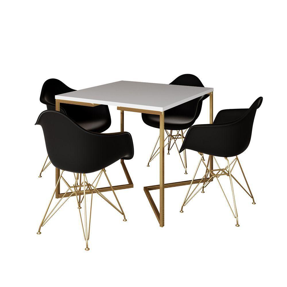 Mesa Jantar Industrial Quadrada 90Cm Branca Base V Com 4 Poltronas Daw Pretas Base Dour Cor: Branco - 6