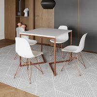 Mesa Jantar Industrial Quadrada 90Cm Branca Base Cobre V Com 4 Cadeiras Brancas Pés Cob Cor: Branco - 1