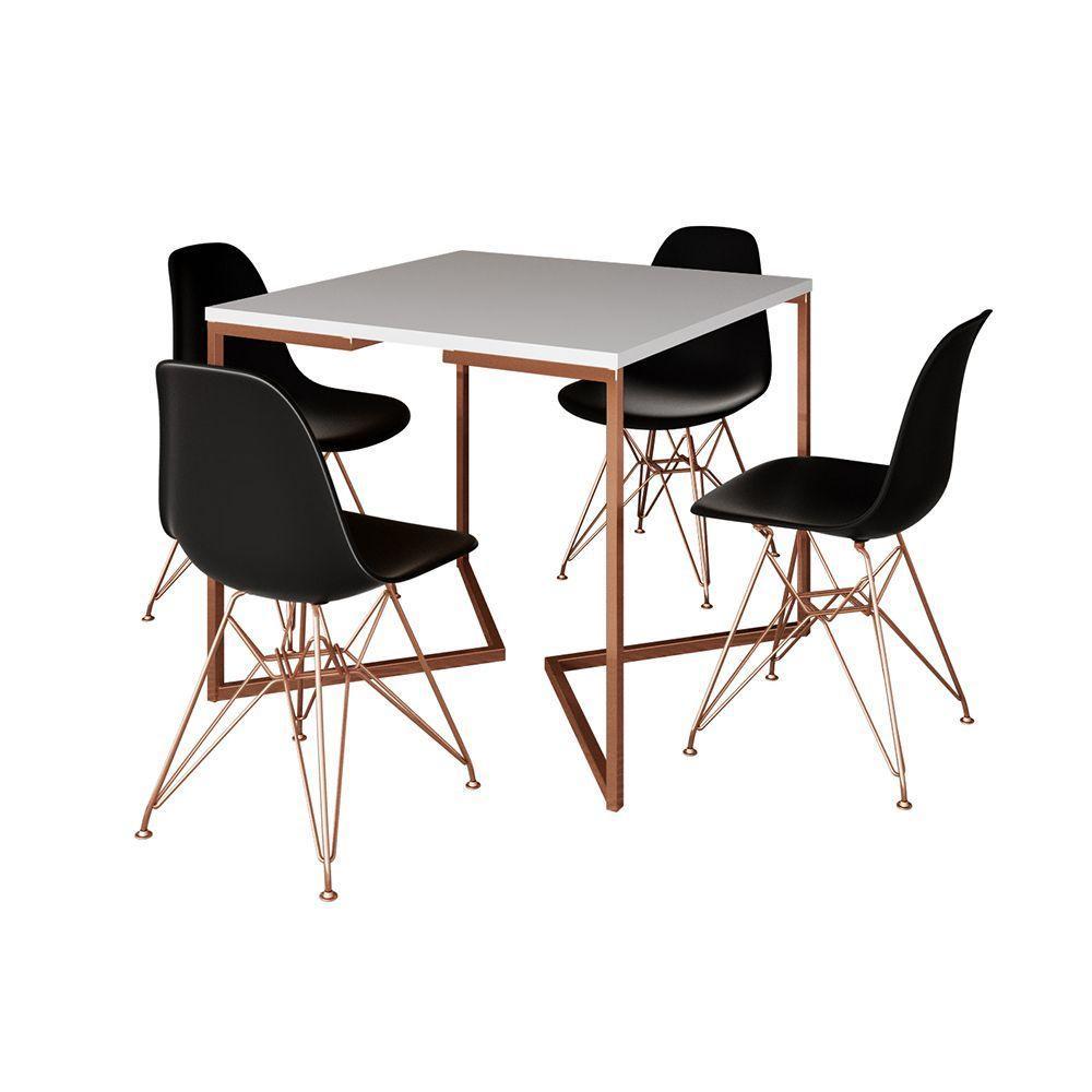 Mesa Jantar Industrial Quadrada 90Cm Branca Base Cobre V Com 4 Cadeiras Pretas Pés Cobr Cor: Branco - 6