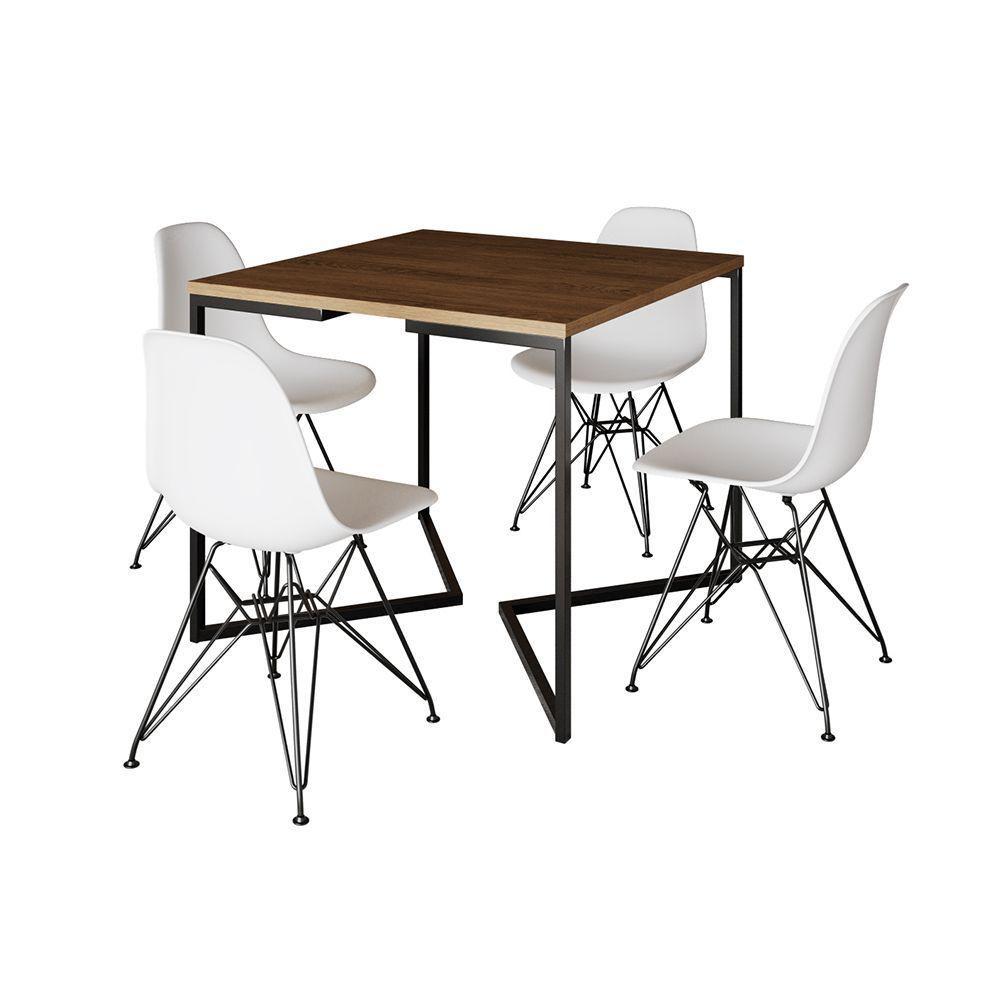 Mesa Jantar Industrial Quadrada 90Cm Amêndoa Base V Com 4 Cadeiras Brancas Ferro Preto Cor: Amendoa - 5