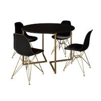 Mesa Jantar Industrial Redonda 110Cm Preta Base V Dourada Com 4 Cadeiras Pretas Base Do Cor: Preto - 10