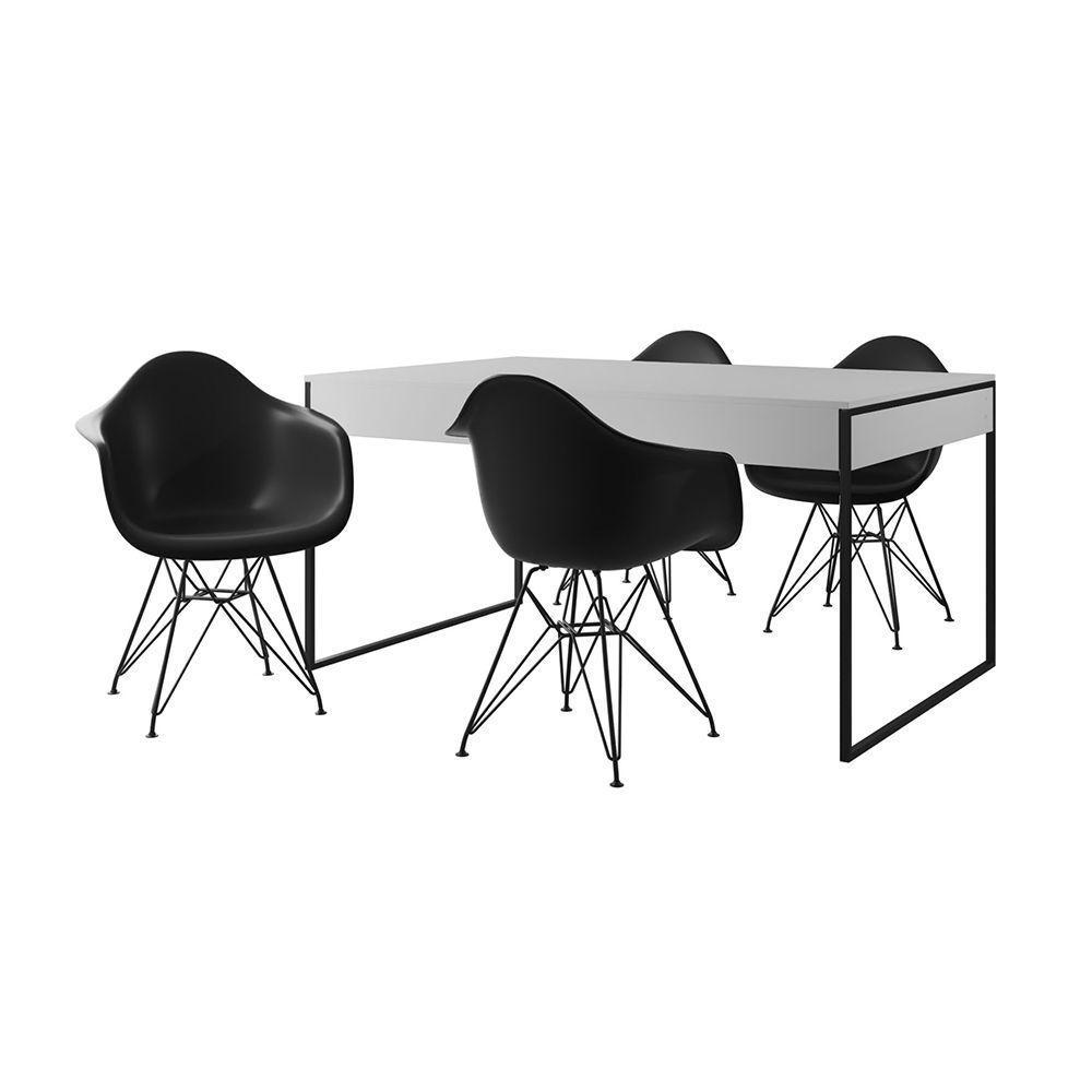 Mesa Jantar Industrial Branca 137X90Cm Com 4 Poltronas Pretas Base Ferro Pre Cor: Branco - 6