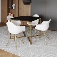 Mesa Jantar Industrial Quadrada 90Cm Preta Base V Com 4 Poltronas Daw Brancas Base Dour Cor: Preto - 1