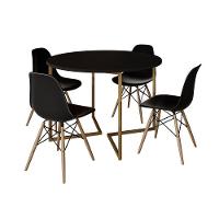 Mesa Jantar Industrial Redonda 110Cm Preta Base V Dourada Com 4 Cadeiras Madeira Pretas Cor: Preto - 6