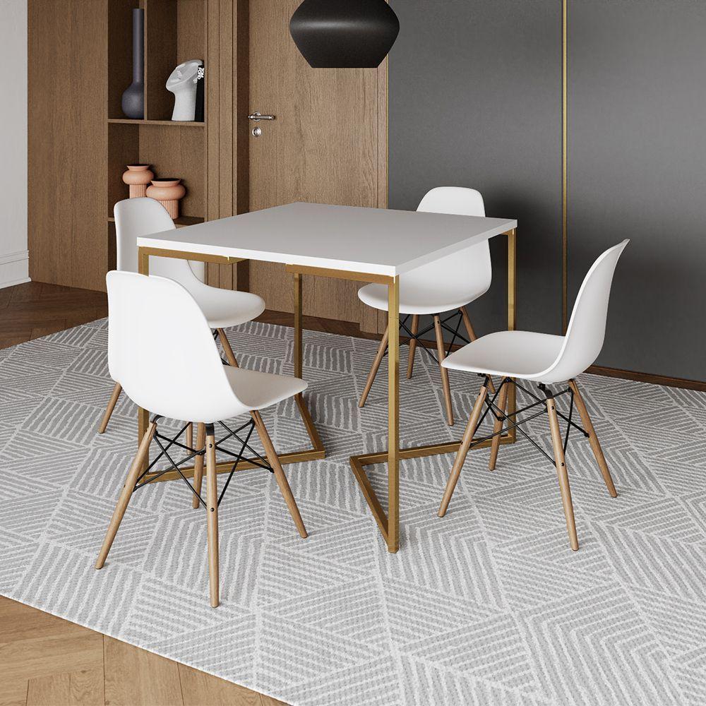 Mesa Jantar Industrial Quadrada 90Cm Branca Base V Dourada Com 4 Cadeiras Madeira Branc Cor: Branco - 1