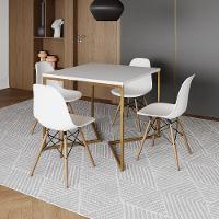 Mesa Jantar Industrial Quadrada 90Cm Branca Base V Dourada Com 4 Cadeiras Madeira Branc Cor: Branco - 1