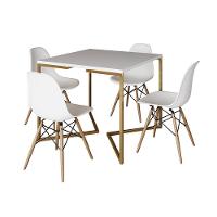 Mesa Jantar Industrial Quadrada 90Cm Branca Base V Dourada Com 4 Cadeiras Madeira Branc Cor: Branco - 6