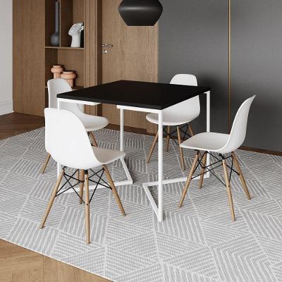 Mesa Jantar Industrial Preta 90X90Cm Base V Ferro Branco Com 4 Cadeiras Madeira Brancas Cor: Preto