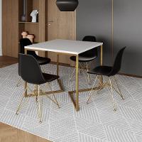Mesa Jantar Industrial Quadrada 90Cm Branca Base V Com 4 Cadeiras Pretas Base Dourada Cor: Branco - 1