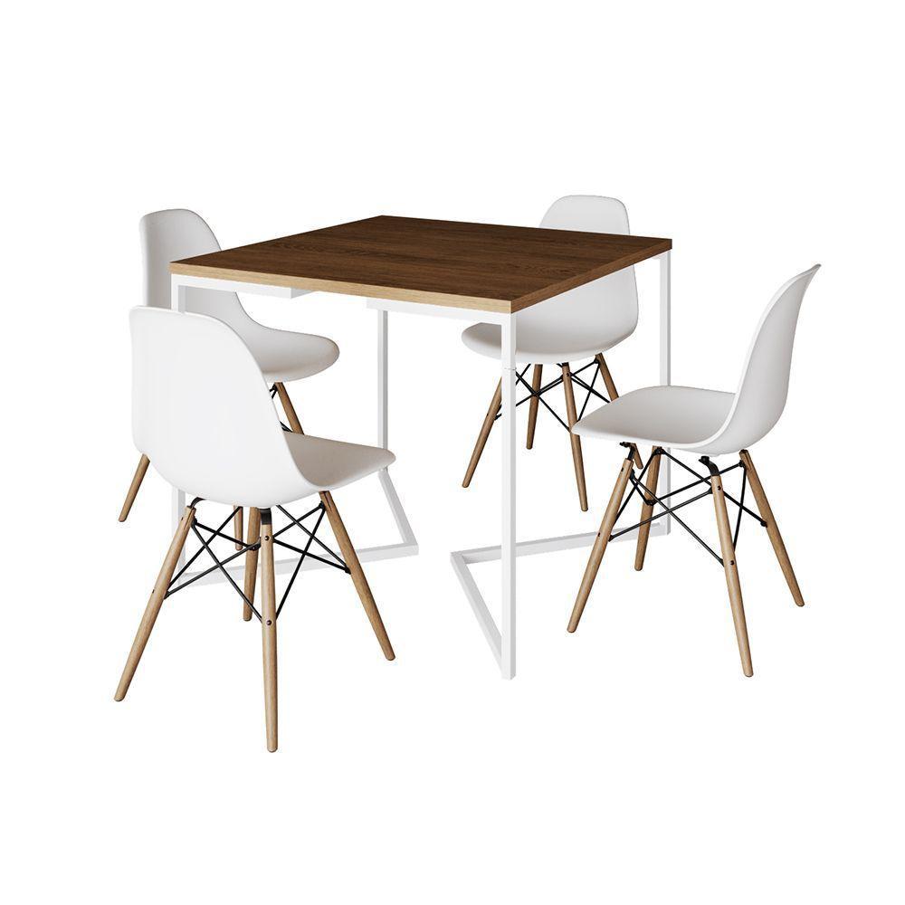 Mesa Jantar Industrial Amêndoa 90X90Cm Base V Ferro Branco C/4 Cadeiras Madeira Branc Cor: Amendoa - 6