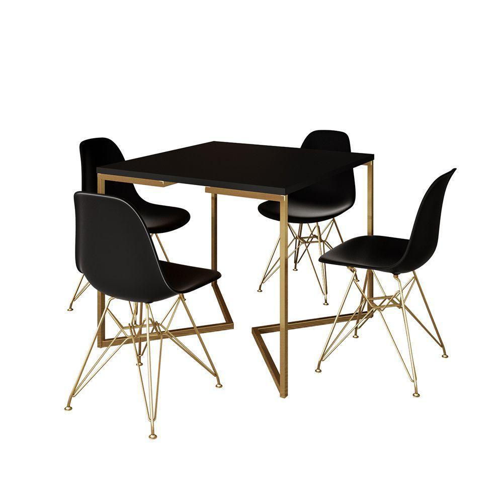 Mesa Jantar Industrial Quadrada 90Cm Preta Base V Com 4 Cadeiras Pretas Base Dourada Cor: Preto - 6