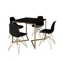 Mesa Jantar Industrial Quadrada 90Cm Preta Base V Com 4 Cadeiras Pretas Base Dourada Cor: Preto - 6