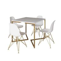 Mesa Jantar Industrial Quadrada 90Cm Branca Base V Com 4 Cadeiras Brancas Base Dourada Cor: Branco - 6