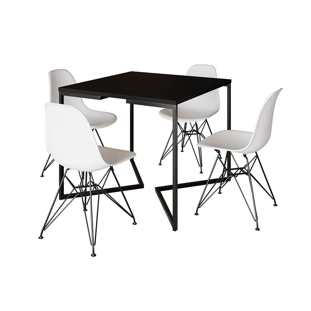 Mesa Jantar Industrial Quadrada 90Cm Preta Base V Com 4 Cadeiras Brancas Ferro Preto Cor: Preto - 6