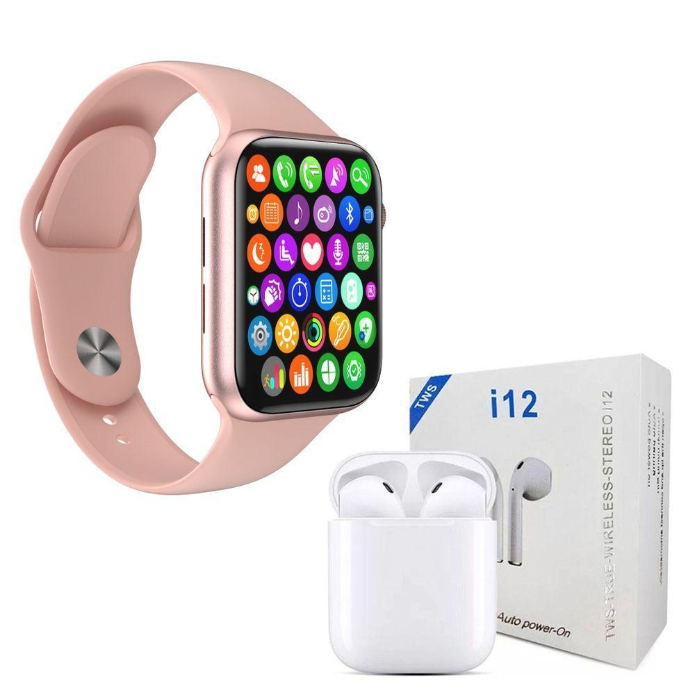 Kit 1 Relógio Smartwatch Iwo 8 Lite Plus Rosa +1 Fone Bt I12 - 1