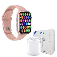 Kit 1 Relógio Smartwatch Iwo 8 Lite Plus Rosa +1 Fone Bt I12 - 1