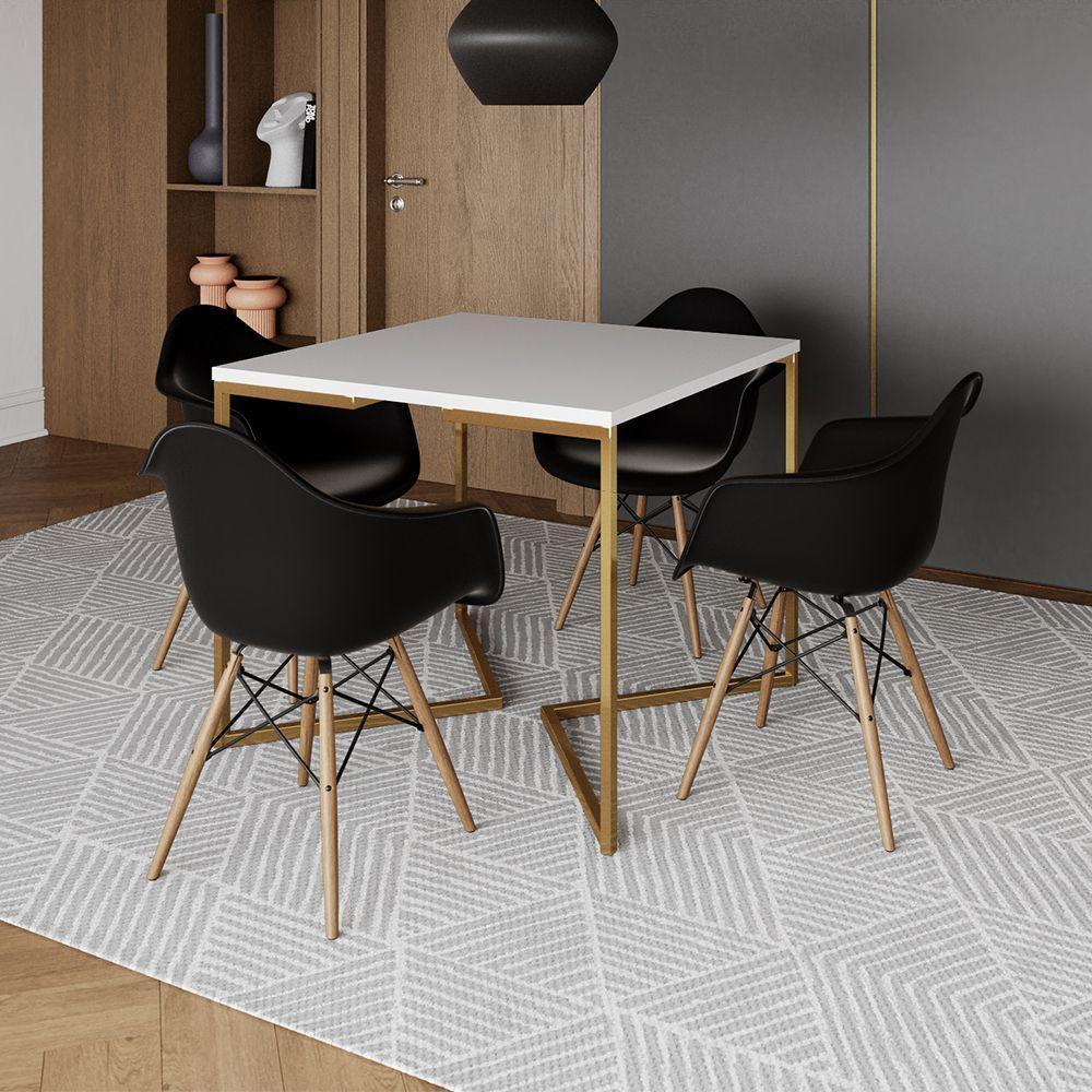 Mesa Jantar Industrial Quadrada 90Cm Branca Base V Dourada Com 4 Poltronas Daw Madeira Cor: Branco - 1