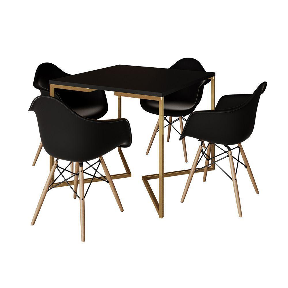 Mesa Jantar Industrial Quadrada 90Cm Preta Base V Dourada Com 4 Poltronas Daw Madeira P Cor: Preto - 7