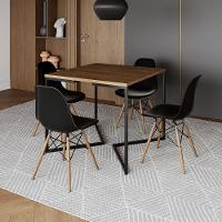 Mesa Jantar Industrial Amêndoa Quadrada 90X90 Base V Ferro Preto C/4 Cadeiras Pretas Cor: Amendoa - 1