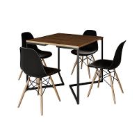 Mesa Jantar Industrial Amêndoa Quadrada 90X90 Base V Ferro Preto C/4 Cadeiras Pretas Cor: Amendoa - 6