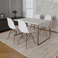 Mesa Jantar Industrial Retangular 137X90Cm Branca Base Dourada Com 4 Cadeiras Madeira B Cor: Branco - 1