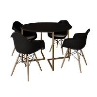 Mesa Jantar Industrial Redonda 110Cm Preta Base V Dourada Com 4 Poltronas Daw Madeira P Cor: Preto - 6