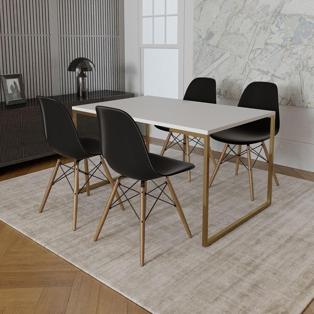 Mesa Jantar Industrial Retangular 137X90Cm Branca Base Dourada Com 4 Cadeiras Madeira P Cor: Branco - 1