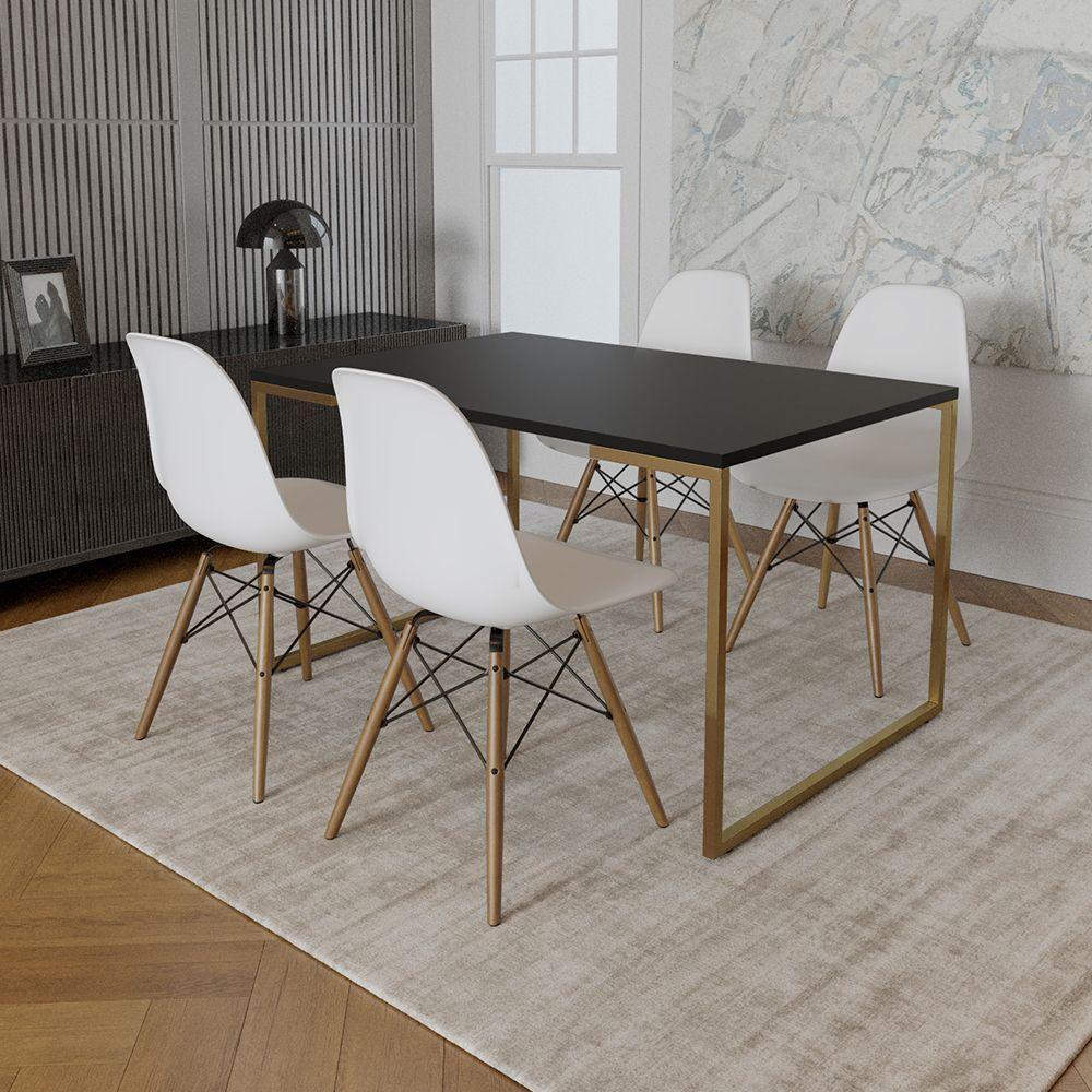 Mesa Jantar Industrial Retangular 137X90Cm Preta Base Dourada Com 4 Cadeiras Madeira Br Cor: Preto - 1