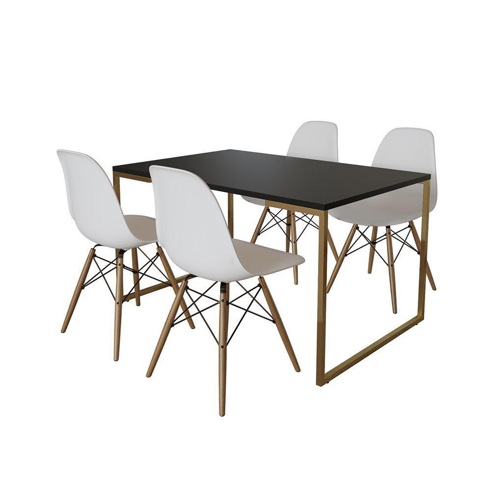 Mesa Jantar Industrial Retangular 137X90Cm Preta Base Dourada Com 4 Cadeiras Madeira Br Cor: Preto - 6