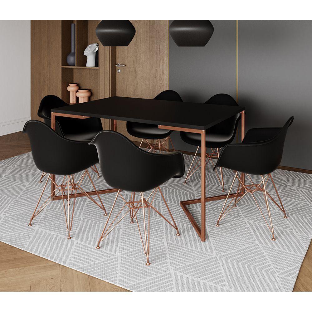 Mesa Jantar Industrial Retangular Preta 137X90Cm Base V Cobre Com 6 Poltronas Pretas Ba Cor: Preto - 1