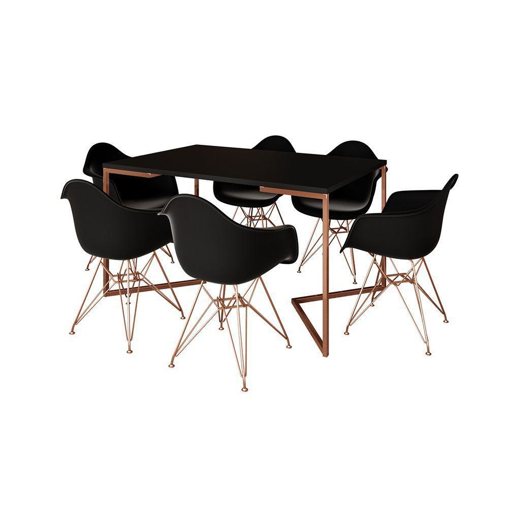 Mesa Jantar Industrial Retangular Preta 137X90Cm Base V Cobre Com 6 Poltronas Pretas Ba Cor: Preto - 6