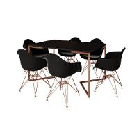 Mesa Jantar Industrial Retangular Preta 137X90Cm Base V Cobre Com 6 Poltronas Pretas Ba Cor: Preto - 11