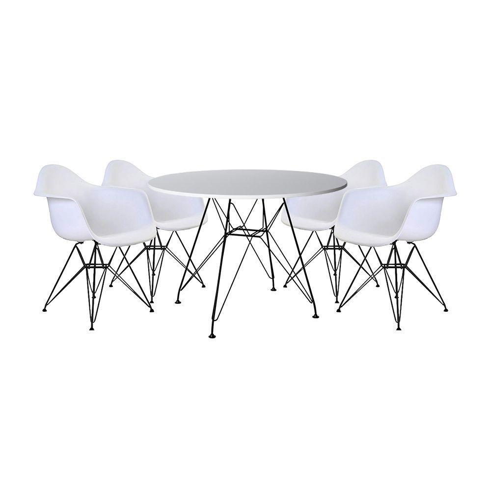 Mesa Sala De Jantar Redonda 90Cm Branca Com 4 Poltronas Brancas Ferro Preto Cor: Preto - 1