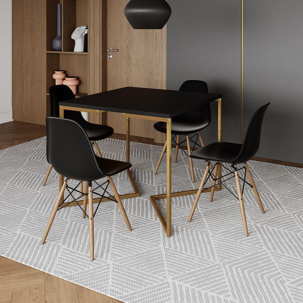 Mesa Jantar Industrial Quadrada 90Cm Preta Base V Dourada Com 4 Cadeiras Madeira Pretas Cor: Preto - 1
