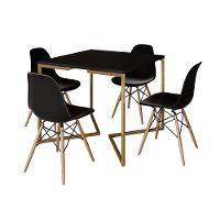 Mesa Jantar Industrial Quadrada 90Cm Preta Base V Dourada Com 4 Cadeiras Madeira Pretas Cor: Preto - 6