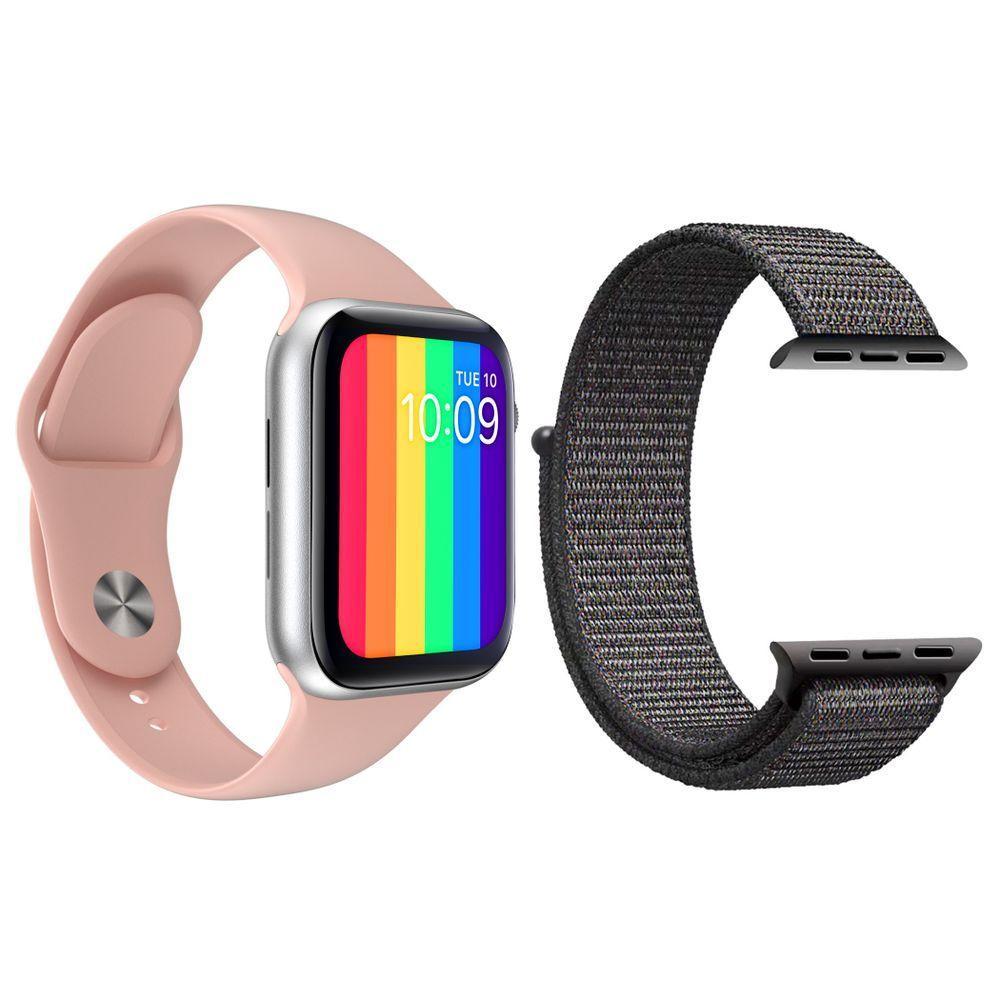Kit 1 Relógio Smartwatch W26 Rosa + 1 Pulseira Nylon Cinza - 1
