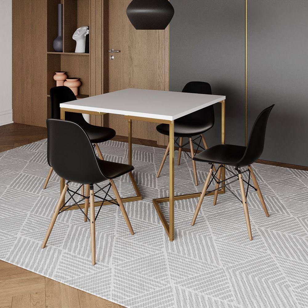 Mesa Jantar Industrial Quadrada 90Cm Branca Base V Dourada Com 4 Cadeiras Madeira Preta Cor: Branco - 1