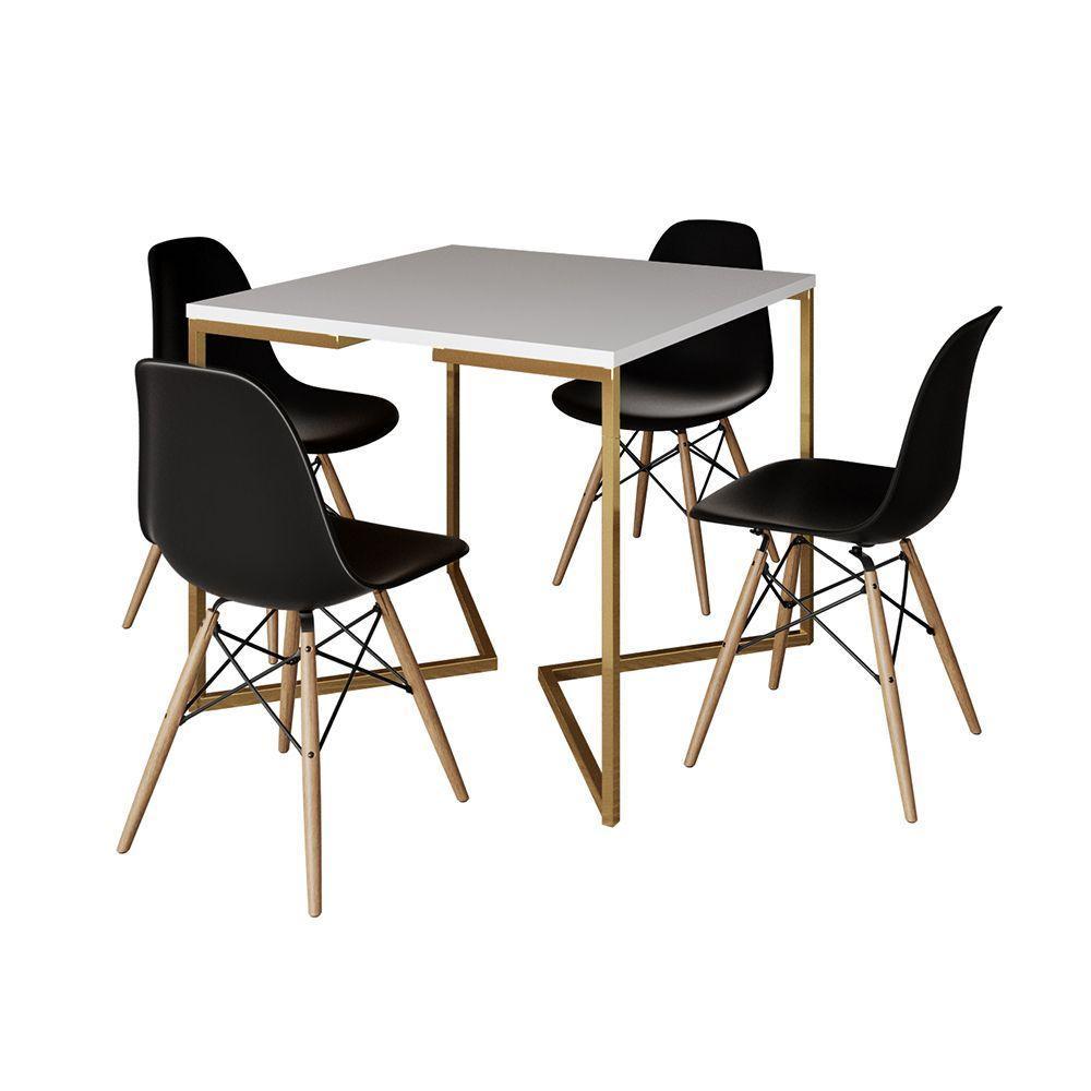 Mesa Jantar Industrial Quadrada 90Cm Branca Base V Dourada Com 4 Cadeiras Madeira Preta Cor: Branco - 6