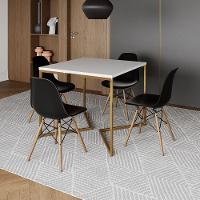 Mesa Jantar Industrial Quadrada 90Cm Branca Base V Dourada Com 4 Cadeiras Madeira Preta Cor: Branco - 1