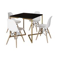 Mesa Jantar Industrial Quadrada 90Cm Preta Base V Dourada Com 4 Cadeiras Madeira Branca Cor: Preto - 6